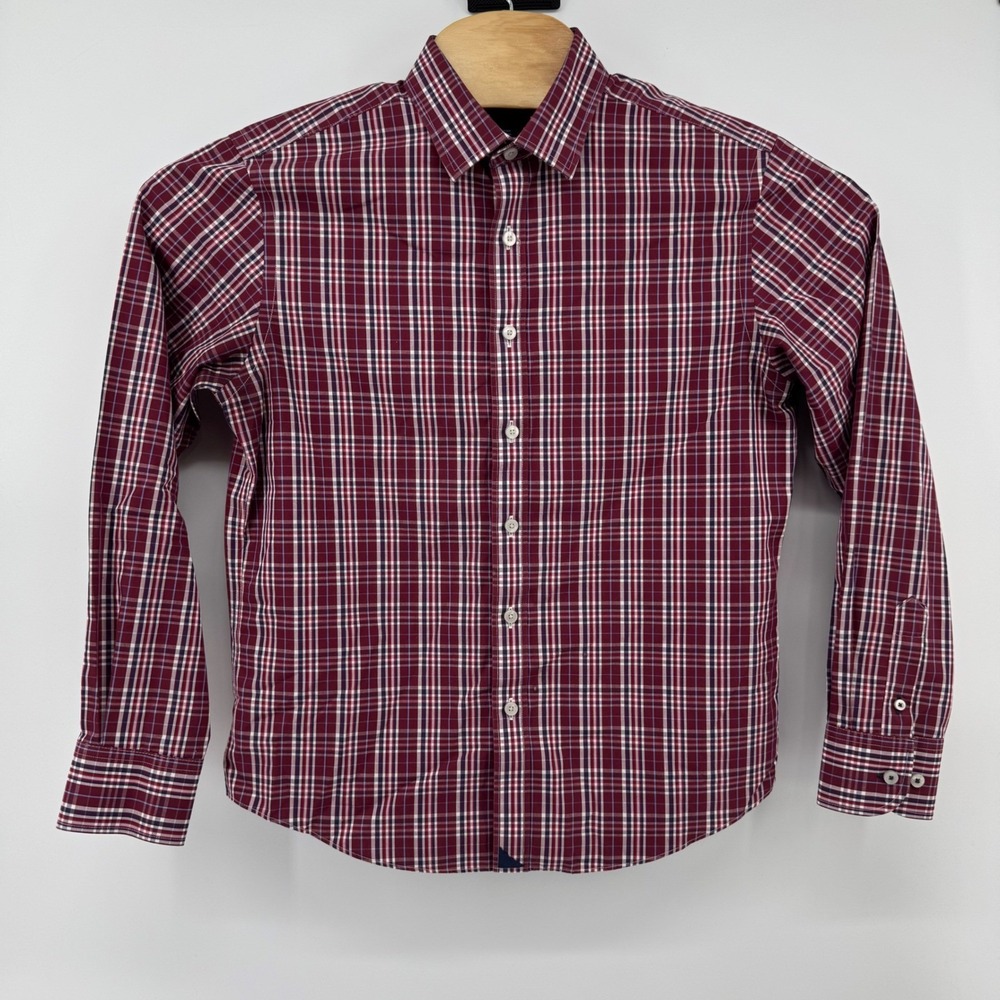UNTUCKit Mens Small Wrinkle Free Plaid Button Down Shirt Burgundy Blue White - Picture 2 of 7